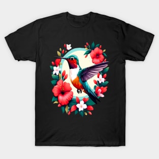 Cute Ruby Throated Hummingbird Surrounded by Spring Flowers T-Shirt